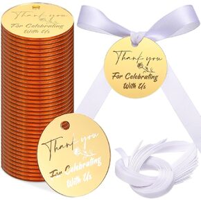 100 Set Gold Acrylic Thank You for Celebrating with Us Tags, Thank You Tags with String Round Gold Mirrored Favors Labels, Thank You Gift Tags for Baby Shower Birthday Wedding Bridal Shower for Guests