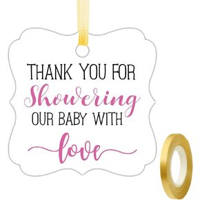 Thank You for Showering Our Baby with Love Tags, Baby Shower Favor Tags, Thank You Gift Tags Baby Shower, Thank You Tags with String, 2 Inches, 50 Count with Golden Ribbon