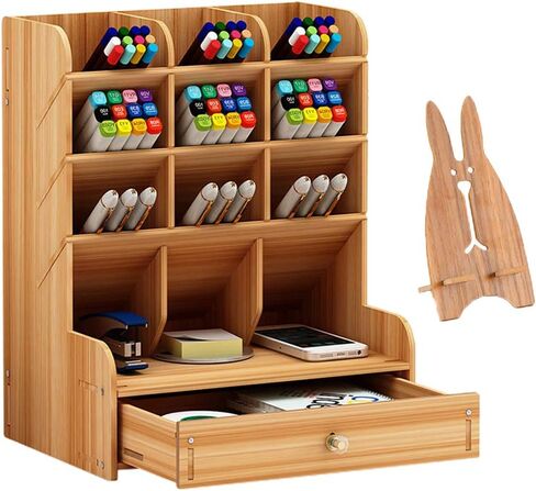 Marbrasse Wooden Desk Organizer, Multi-Functional DIY Pen Holder, Organizer for desk, Desktop Stationary, Easy Assembly, Home Office Art Supplies Storage with Drawer (B11-Cherry Color) in Kuwait