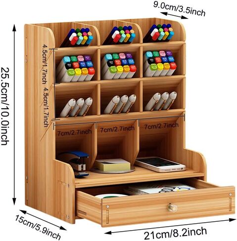 Marbrasse Wooden Desk Organizer, Multi-Functional DIY Pen Holder, Organizer for desk, Desktop Stationary, Easy Assembly, Home Office Art Supplies Storage with Drawer (B11-Cherry Color) in Kuwait