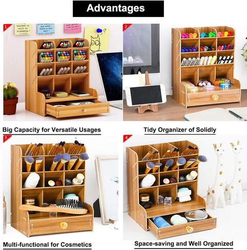 Marbrasse Wooden Desk Organizer, Multi-Functional DIY Pen Holder, Organizer for desk, Desktop Stationary, Easy Assembly, Home Office Art Supplies Storage with Drawer (B11-Cherry Color) in Kuwait