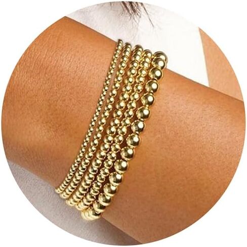 مجموعة أساور قابلة للتمدد من 5 قطع من الخرز الذهبي للنساء من 17 ميل، 14 قيراط مطلية بالذهب قابلة للتكديس 2 مم/3 مم/4 مم/5 مم/6 مم من أجل هدية بطول 7 بوصات in Kuwait