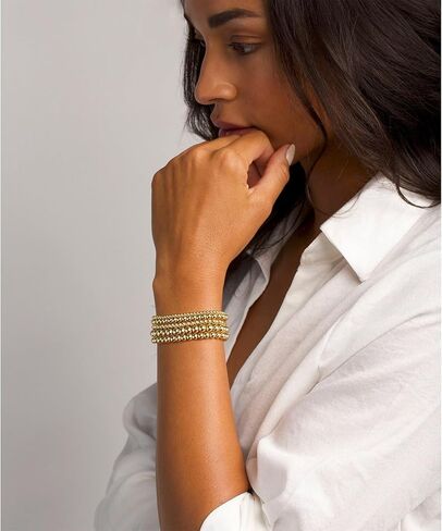 مجموعة أساور قابلة للتمدد من 5 قطع من الخرز الذهبي للنساء من 17 ميل، 14 قيراط مطلية بالذهب قابلة للتكديس 2 مم/3 مم/4 مم/5 مم/6 مم من أجل هدية بطول 7 بوصات in Kuwait