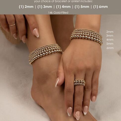 مجموعة أساور قابلة للتمدد من 5 قطع من الخرز الذهبي للنساء من 17 ميل، 14 قيراط مطلية بالذهب قابلة للتكديس 2 مم/3 مم/4 مم/5 مم/6 مم من أجل هدية بطول 7 بوصات in Kuwait