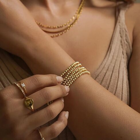 مجموعة أساور قابلة للتمدد من 5 قطع من الخرز الذهبي للنساء من 17 ميل، 14 قيراط مطلية بالذهب قابلة للتكديس 2 مم/3 مم/4 مم/5 مم/6 مم من أجل هدية بطول 7 بوصات in Kuwait