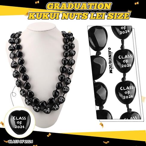 Karenhi 2 Pcs Class of 2024 Graduation Kukui Nut Leis Necklaces Black Kukui Nut Leis Hawaiian Necklace with Ribbon Bow Adjustable 2024 Money Leis Graduation Gift for Men Women Kids in Saudi Arabia