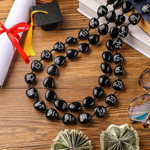 Karenhi 2 Pcs Class of 2024 Graduation Kukui Nut Leis Necklaces Black Kukui Nut Leis Hawaiian Necklace with Ribbon Bow Adjustable 2024 Money Leis Graduation Gift for Men Women Kids in Saudi Arabia