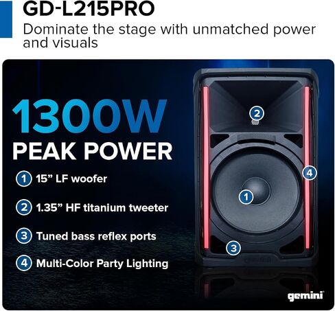 Gemini Sound GD-L215PRO - 1300W Bluetooth PA Speaker with LED Party Lights & 3-Channel Mixer - High-Power 15-Inch Woofer for DJs, Parties, Outdoor Events - User-Friendly Design for Enthusiasts in Saudi Arabia