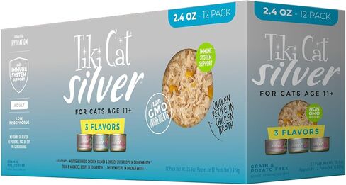 حزمة متنوعة من Tiki Cat Silver، دعم الجهاز المناعي مُصمم للقطط الأكبر سنًا بعمر 11 عامًا فما فوق، طعام القطط الرطب لكبار السن، علب 2.4 أونصة (عبوة من 12) in Kuwait