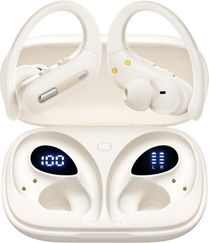 Bluetooth Headphones Wireless Earbuds 90 Hrs Playtime Earbuds with Wireless Charging Case Power Display Over-ear Earphones with Earhooks Waterproof Stereo Headset for Android phone Workout White in Saudi Arabia