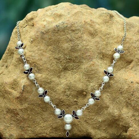 NOVICA Artisan Handmade Cultured Freshwater Pearl Garnet Y Necklace .925 Sterling Silver Red White Pendant India Birthstone 'Princess of Mumbai' in Saudi Arabia