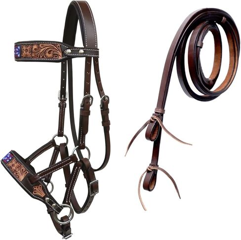 CHALLENGER Horse Western Leather Antique Floral Beaded Bitless Sidepull Bridle Split Reins 77RS41 in Saudi Arabia