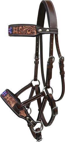 CHALLENGER Horse Western Leather Antique Floral Beaded Bitless Sidepull Bridle Split Reins 77RS41 in Saudi Arabia