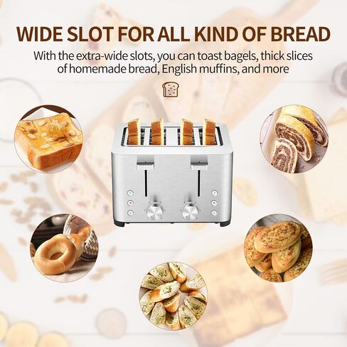 Kikiwell Toaster 4 Slice, Stainless Steel Bread Toasters, Extra Wide Slots, 6 Bread Shade Settings, Bagel/Defrost/Cancel Function, Removable Crumb Tray, 120V/1500W (4 Slice) in Saudi Arabia