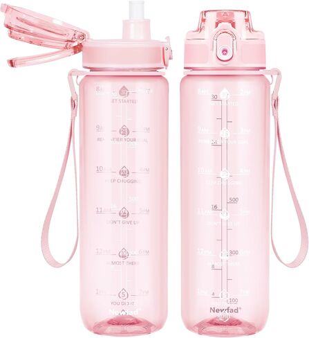 Newfad 32 oz Water Bottle with Detachable Straw, Clear Motivational Water Bottles with Time to Drink, Tritan & BPA Free Sports Water Jug with Time Marker, Upgraded handle design in Saudi Arabia