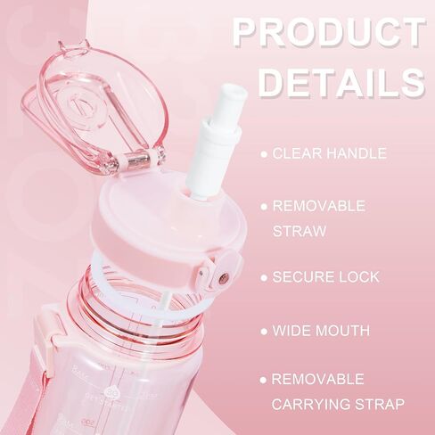Newfad 32 oz Water Bottle with Detachable Straw, Clear Motivational Water Bottles with Time to Drink, Tritan & BPA Free Sports Water Jug with Time Marker, Upgraded handle design in Saudi Arabia