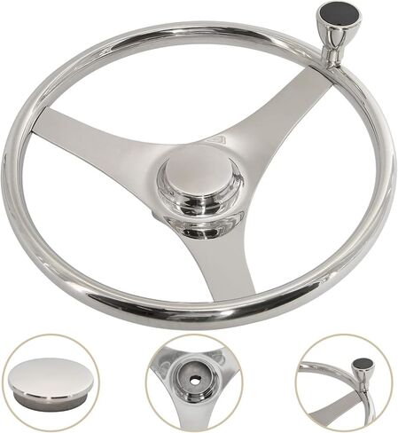 YaeMarine عجلة قيادة قارب من الفولاذ المقاوم للصدأ مقاس 13-1/2 بوصة ضياء 3 تكلم عجلة قيادة رياضية مع مقبض تحكم وغطاء in Kuwait