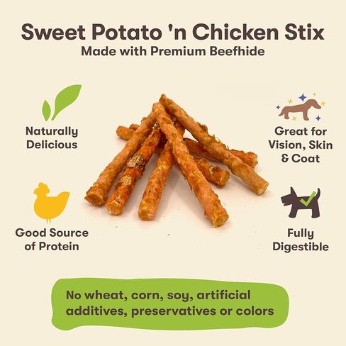 أصابع دجاج البطاطا الحلوة على شكل حيوان أليف، 15 قطعة - مضغ للكلاب - بدون نكهات صناعية أو ألوان أو مواد حافظة - بديل غني بالبروتين للجلد الخام in Kuwait