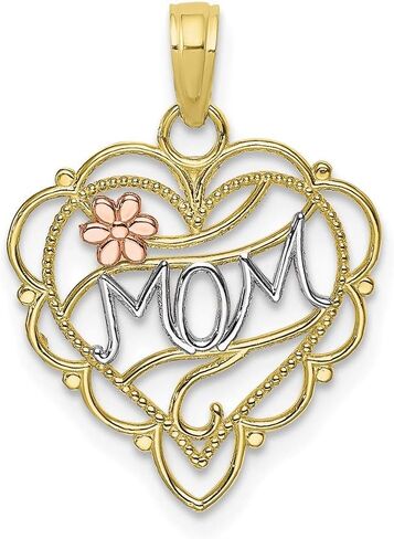 Solid 10k Yellow Gold Two Toned Mom Heart Flower Charm Pendant in Saudi Arabia