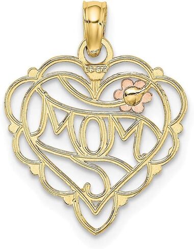 Solid 10k Yellow Gold Two Toned Mom Heart Flower Charm Pendant in Saudi Arabia