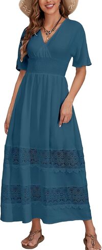 S. Adriana Boho Maxi Dress for Women 2024 Summer V Neck Lace Wedding Guest Dress Smocked Waist Bohemian Long Flowy Dresses in Saudi Arabia