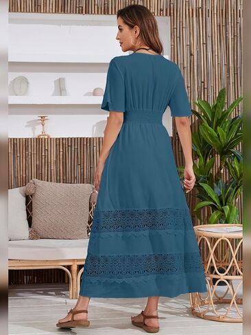 S. Adriana Boho Maxi Dress for Women 2024 Summer V Neck Lace Wedding Guest Dress Smocked Waist Bohemian Long Flowy Dresses in Saudi Arabia
