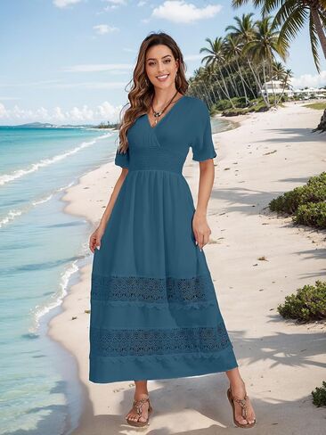 S. Adriana Boho Maxi Dress for Women 2024 Summer V Neck Lace Wedding Guest Dress Smocked Waist Bohemian Long Flowy Dresses in Saudi Arabia