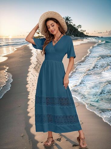 S. Adriana Boho Maxi Dress for Women 2024 Summer V Neck Lace Wedding Guest Dress Smocked Waist Bohemian Long Flowy Dresses in Saudi Arabia