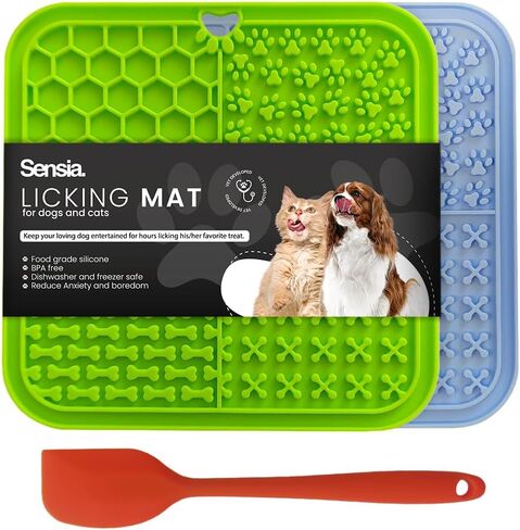 Sensia.Lick Mat، 3 قطع من حصيرة لعق الكلاب ذات التغذية البطيئة مع كوب شفط (سجادة طعام للكلاب باللون الأزرق + حصيرة لعق القطط الخضراء + ملعقة برتقالية) حصيرة لعق للكلاب الكبيرة / طعام القطط (مضاد للانزلاق، سيليكون صالح للطعام) in Kuwait
