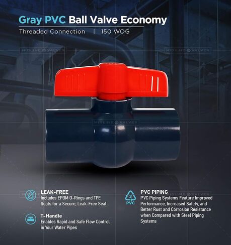 صمام خط الوسط صمام كروي PVC مع مقبض T وردي لاستخدام مياه الشرب مقاس 2 بوصة FIP بلاستيك رمادي (492U200) in Kuwait
