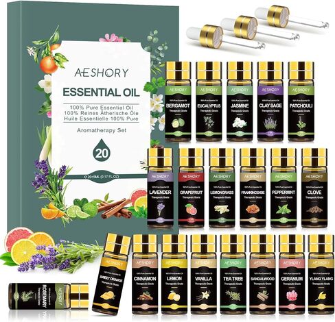 Essential Oils Set - 20x5mL Essential Oil Kit for Diffuser, Aromatherapy, Humidifier, Massage, Skin & Hair Care, Candle Making - Lavender, Peppermint, Rosemary Aromatherapy Oils in Saudi Arabia