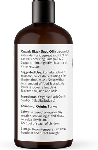 NaturoBliss Organic Black Seed Oil 100% Virgin Cold Pressed Omega 3 6 9 Super Antioxidant for Immune Support, Joints, Mobility, Digestion, Hair & Skin Vegan, Gluten-Free, Non-GMO USDA Certified 8oz in Saudi Arabia