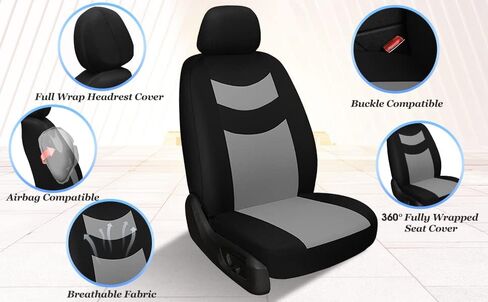 Universal Car Seat Covers for Front Seats, Cloth Front Car Seat Cover, Easy to Install, Breathable and Washable Universal Interior Covers for Auto, SUV, Sedan, Van, Airbag Compatible, Black & Grey in Saudi Arabia