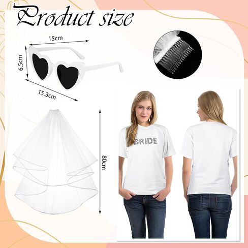 Funnysoft 3 Pcs Bridal Rhinestone Shirt Bridal Wedding Veil Heart Sunglasses Set White Heart Glasses in Saudi Arabia