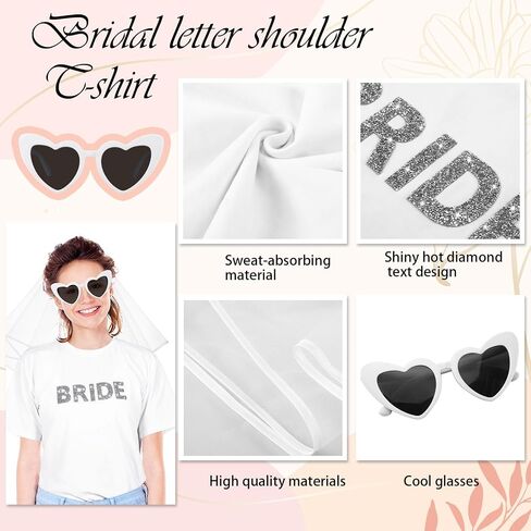 Funnysoft 3 Pcs Bridal Rhinestone Shirt Bridal Wedding Veil Heart Sunglasses Set White Heart Glasses in Saudi Arabia