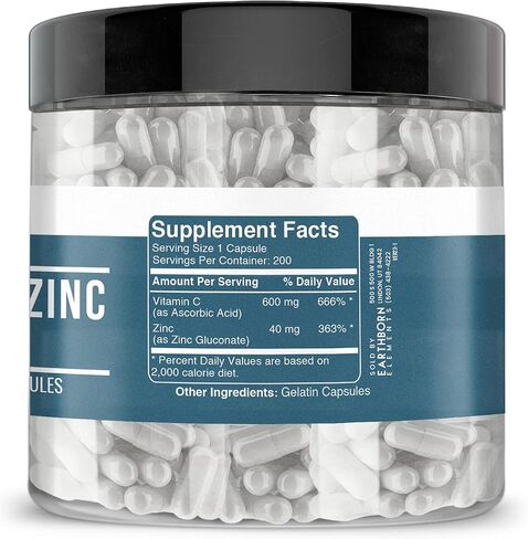 Earthborn Elements Vitamin C Plus Zinc Gluconate Supplement, (200 Capsules) Blended Health Support, Non-GMO, Gluten Free, in Saudi Arabia