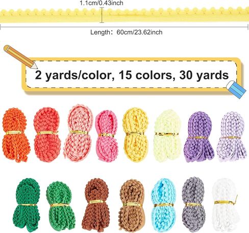 BENECREAT 30 ياردة 15 لونًا من كرات بوم المرنة، 0.43 بوصة زخرفة كروية بشراشيب واسعة لتزيين عصابات الرأس والحرف اليدوية in Kuwait