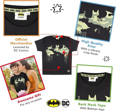 تي شيرت بشعار DC Comics Batman Camo، للأطفال، 3-13 سنة، أسود، بضاعة رسمية in Kuwait