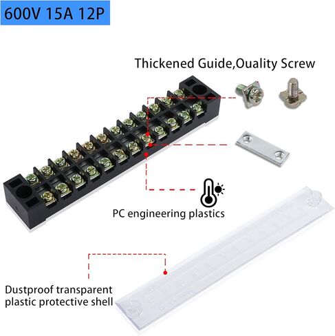 PNGKNYOCN 12 Positions Dual Rows 600V 15A Barrier Screw Terminal Strip Block with Cover TB-1512（4-Pack ） in Saudi Arabia