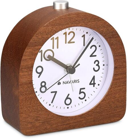 Navaris Wood Analog Alarm Clock - Half-Round Gold Face Battery-Operated Non-Ticking Clock with Snooze Button and Light - Dark Brown in Saudi Arabia