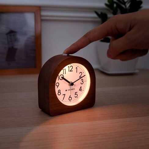 Navaris Wood Analog Alarm Clock - Half-Round Gold Face Battery-Operated Non-Ticking Clock with Snooze Button and Light - Dark Brown in Saudi Arabia