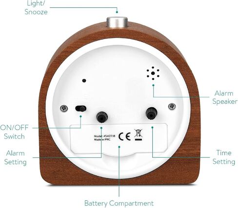 Navaris Wood Analog Alarm Clock - Half-Round Gold Face Battery-Operated Non-Ticking Clock with Snooze Button and Light - Dark Brown in Saudi Arabia