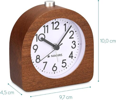Navaris Wood Analog Alarm Clock - Half-Round Gold Face Battery-Operated Non-Ticking Clock with Snooze Button and Light - Dark Brown in Saudi Arabia