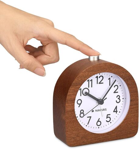 Navaris Wood Analog Alarm Clock - Half-Round Gold Face Battery-Operated Non-Ticking Clock with Snooze Button and Light - Dark Brown in Saudi Arabia