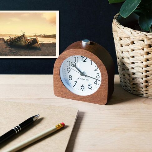Navaris Wood Analog Alarm Clock - Half-Round Gold Face Battery-Operated Non-Ticking Clock with Snooze Button and Light - Dark Brown in Saudi Arabia