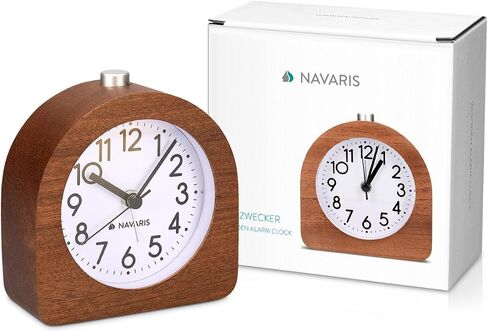 Navaris Wood Analog Alarm Clock - Half-Round Gold Face Battery-Operated Non-Ticking Clock with Snooze Button and Light - Dark Brown in Saudi Arabia