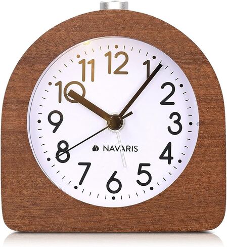 Navaris Wood Analog Alarm Clock - Half-Round Gold Face Battery-Operated Non-Ticking Clock with Snooze Button and Light - Dark Brown in Saudi Arabia