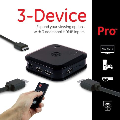 GE 3 Device HDMI Switch, Use with 4K Smart TV Roku Xbox PS3 PS4 Fire Stick DVD Blue Ray Fire TV HDTV Cable Box PC, 4K 1080p 60 FPS, Ultra HD, HDCP 2.2, Black, 33624 in Saudi Arabia