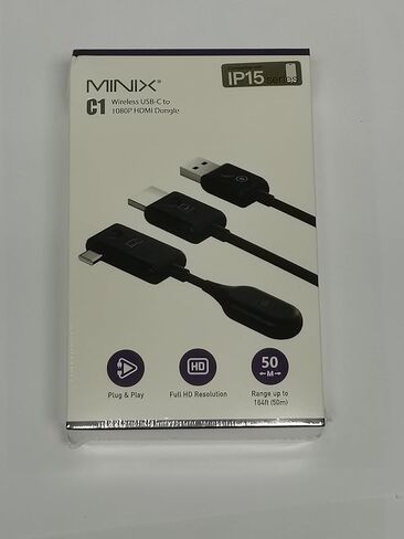 موسع لاسلكي MINIX C1 USB-C HDMI، 1080P 60 هرتز، خفيف الوزن، محمول، التوصيل والتشغيل لأجهزة الكمبيوتر المحمولة، الكمبيوتر الشخصي، الهواتف الذكية، وحدات التحكم بالألعاب، البث، انعكاس الشاشة، IP15، Android، 164 قدمًا، بدون سائق in Kuwait