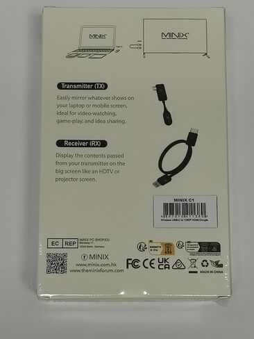 موسع لاسلكي MINIX C1 USB-C HDMI، 1080P 60 هرتز، خفيف الوزن، محمول، التوصيل والتشغيل لأجهزة الكمبيوتر المحمولة، الكمبيوتر الشخصي، الهواتف الذكية، وحدات التحكم بالألعاب، البث، انعكاس الشاشة، IP15، Android، 164 قدمًا، بدون سائق in Kuwait